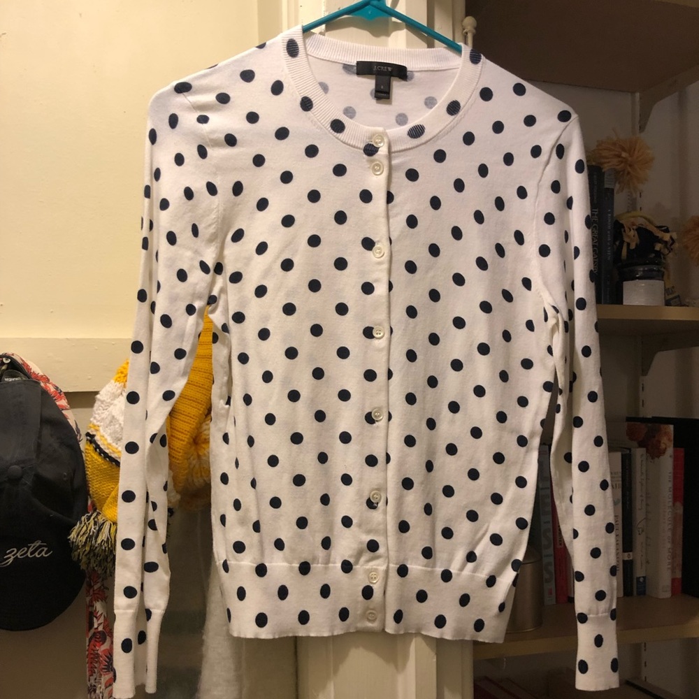 J. Crew Navy and White Polka Dot Cardigan